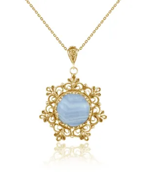 Filigree Gold Plated Silver Flower Blue Lace Agate Woman Pendant Necklace