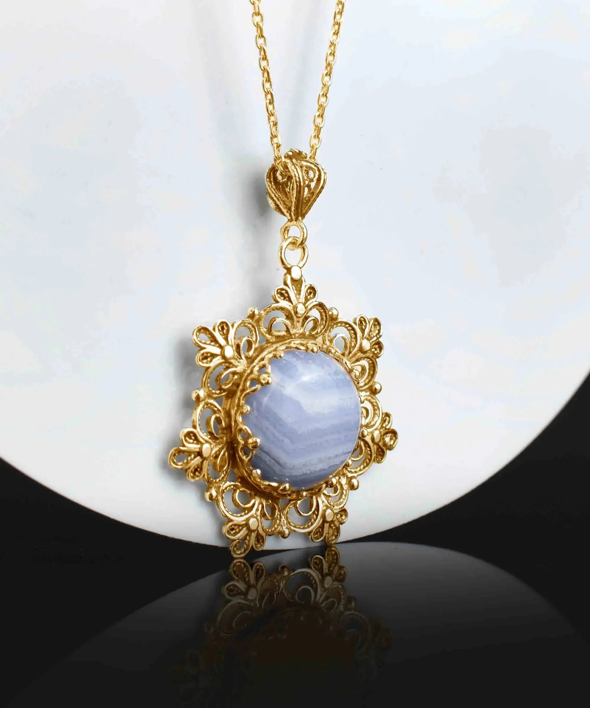 Filigree Gold Plated Silver Flower Blue Lace Agate Woman Pendant Necklace