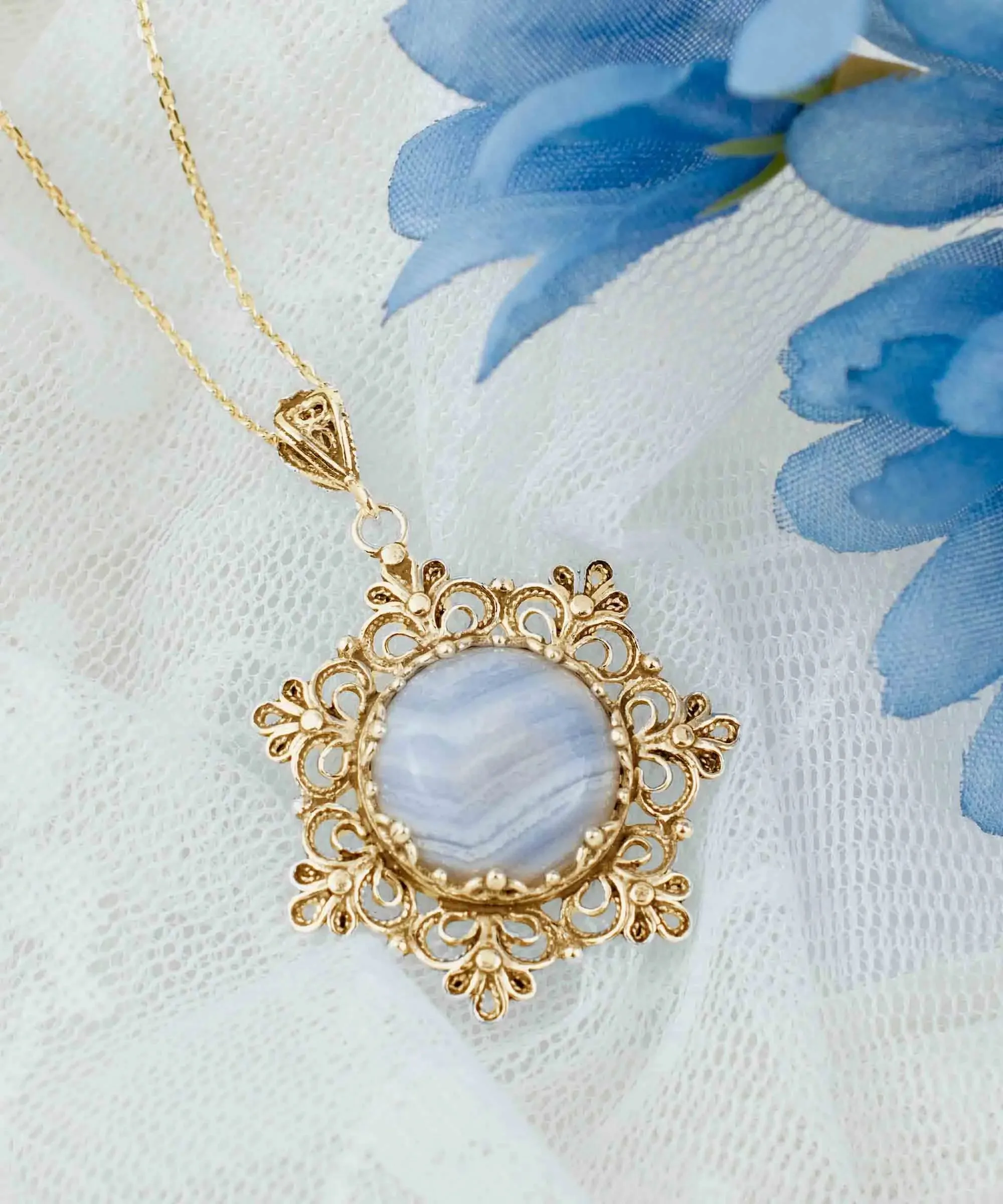 Filigree Gold Plated Silver Flower Blue Lace Agate Woman Pendant Necklace