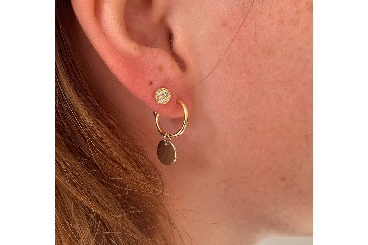 Garo Gold Disc Charm Sterling Silver Hoop Earrings