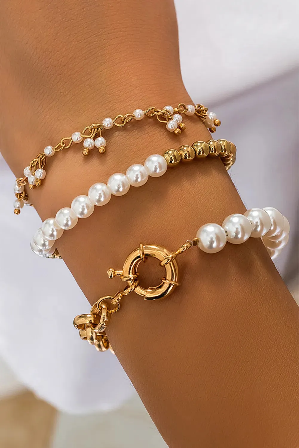 Gold and Pearl Chain Bracelet Set