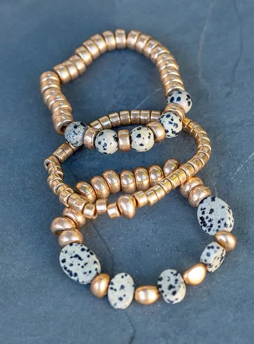 Gold And Tan Black Dot Bead Bracelet Set Of Three