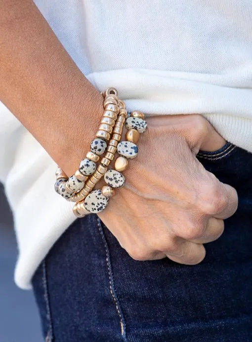Gold And Tan Black Dot Bead Bracelet Set Of Three