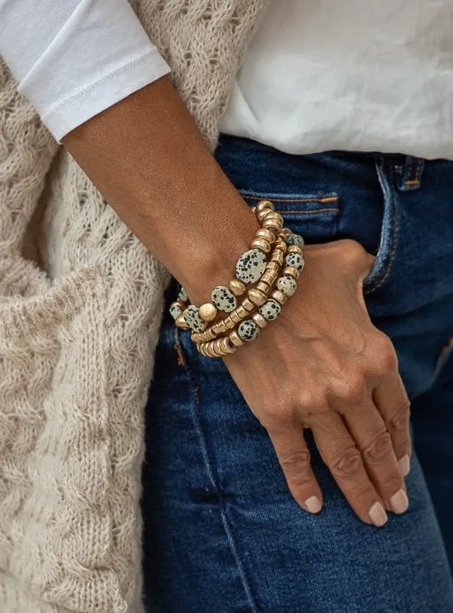 Gold And Tan Black Dot Bead Bracelet Set Of Three