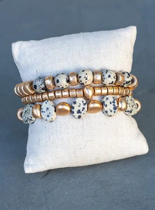 Gold And Tan Black Dot Bead Bracelet Set Of Three
