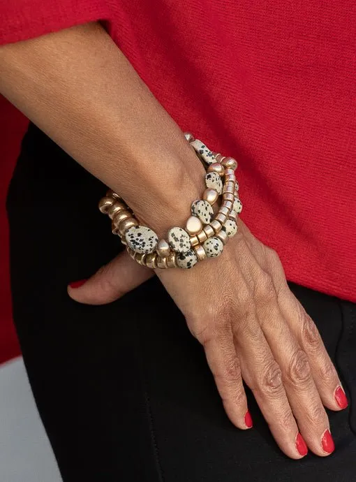 Gold And Tan Black Dot Bead Bracelet Set Of Three