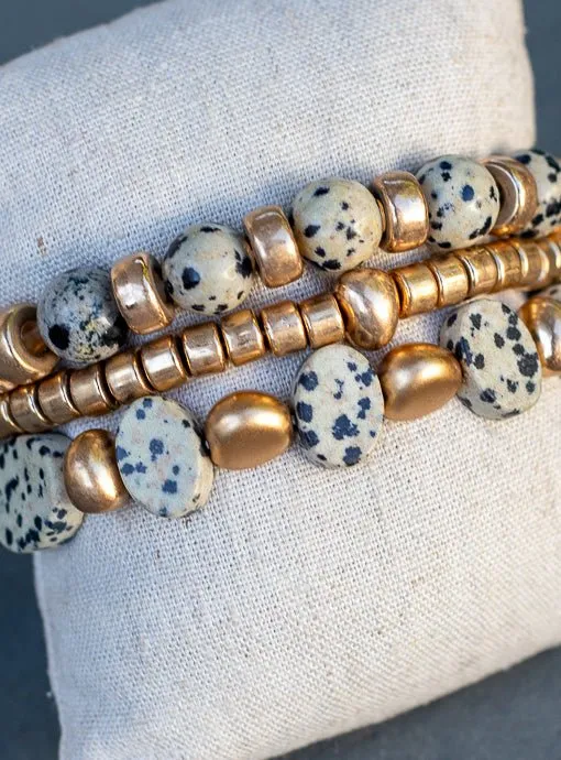 Gold And Tan Black Dot Bead Bracelet Set Of Three
