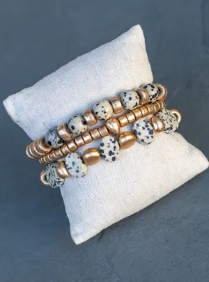 Gold And Tan Black Dot Bead Bracelet Set Of Three