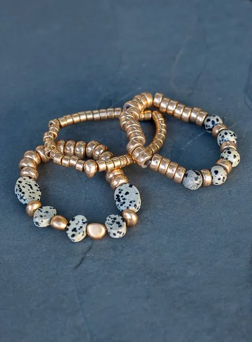 Gold And Tan Black Dot Bead Bracelet Set Of Three