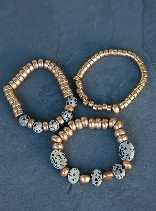 Gold And Tan Black Dot Bead Bracelet Set Of Three