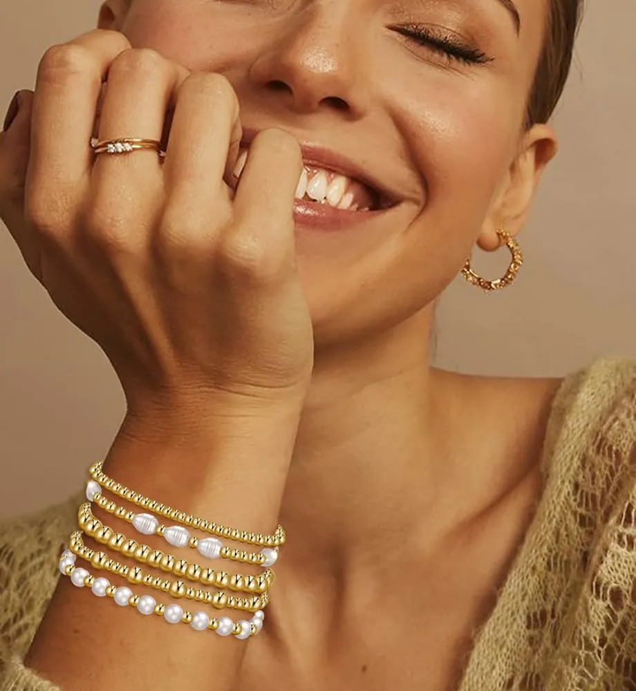 Gold Beaded Bracelets for Women, 14K Real Gold Plated Jewelry for Women Dainty Pearl Bead Bracelets Stack, Non Tarnish Trendy Stackable Ball Cross Stretch Bracelet Set Fashion Accessories Gifts for Women