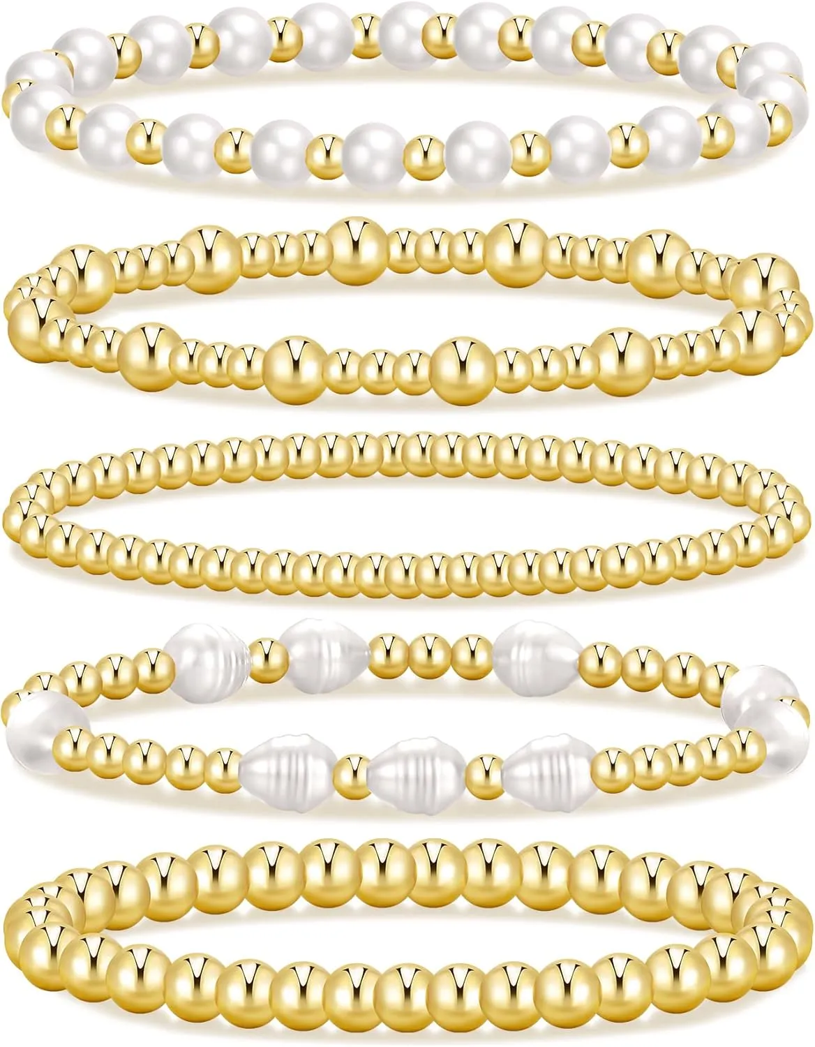 Gold Beaded Bracelets for Women, 14K Real Gold Plated Jewelry for Women Dainty Pearl Bead Bracelets Stack, Non Tarnish Trendy Stackable Ball Cross Stretch Bracelet Set Fashion Accessories Gifts for Women