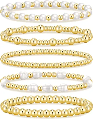 Gold Beaded Bracelets for Women, 14K Real Gold Plated Jewelry for Women Dainty Pearl Bead Bracelets Stack, Non Tarnish Trendy Stackable Ball Cross Stretch Bracelet Set Fashion Accessories Gifts for Women