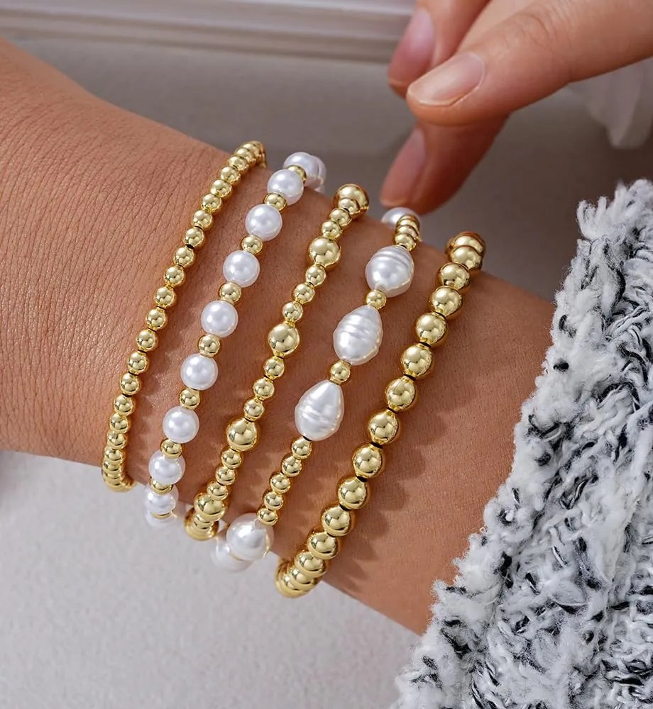 Gold Beaded Bracelets for Women, 14K Real Gold Plated Jewelry for Women Dainty Pearl Bead Bracelets Stack, Non Tarnish Trendy Stackable Ball Cross Stretch Bracelet Set Fashion Accessories Gifts for Women