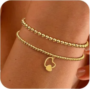 Gold Beaded Bracelets for Women,Dainty 14k Gold Plated Bead Bracelets Stackable Stretch Beads Bracelet Set Simple Trendy Jewelry Gifts for Women