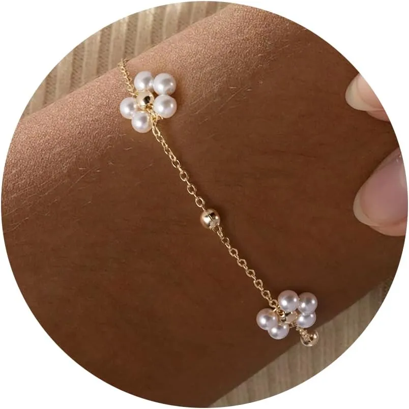 Gold Bracelets for Women-14K Gold Plated Pearl Bracelets for Women Daisy Pearl Flower Gold Beaded Station Pearl Bracelets