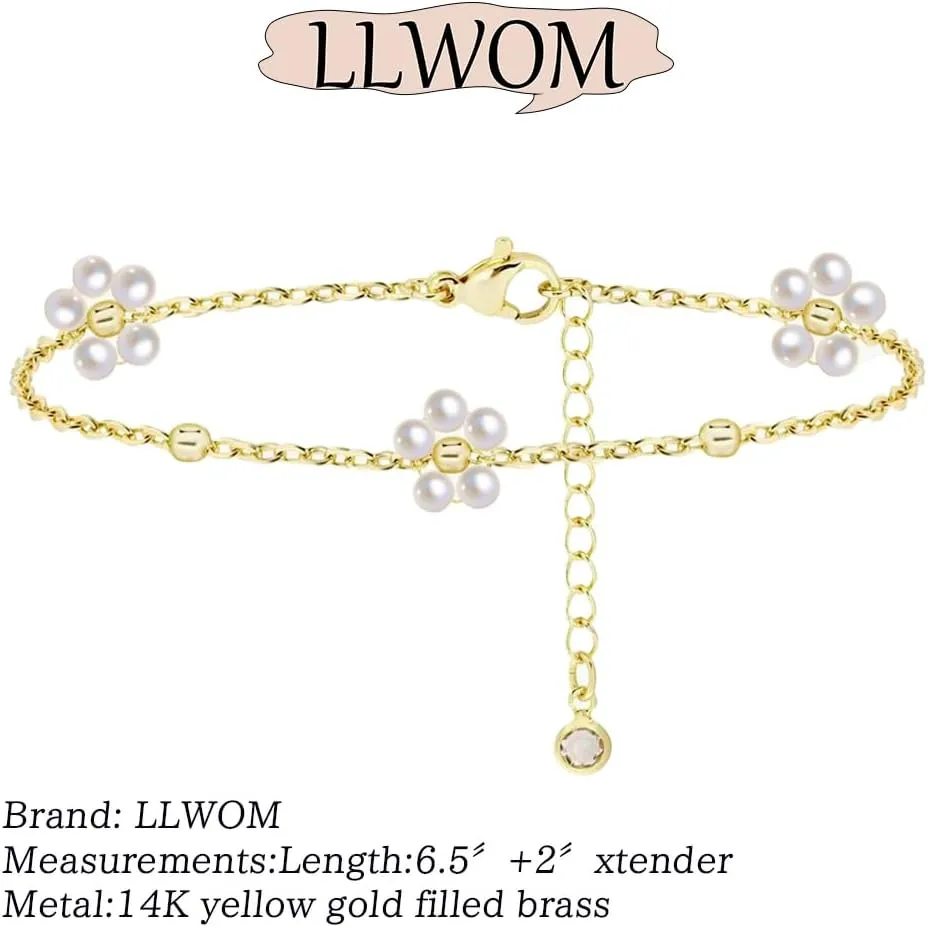 Gold Bracelets for Women-14K Gold Plated Pearl Bracelets for Women Daisy Pearl Flower Gold Beaded Station Pearl Bracelets