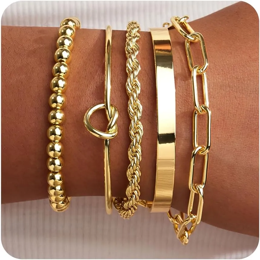 Gold Bracelets for Women Non Tarnish, 14K Gold Plated Chunky Cuff Bracelet Gold Bangles Bracelet for Women Trendy Tie Knot Cuban Rope Paperclip Beaded Bracelet Stack Jewelry Gifts