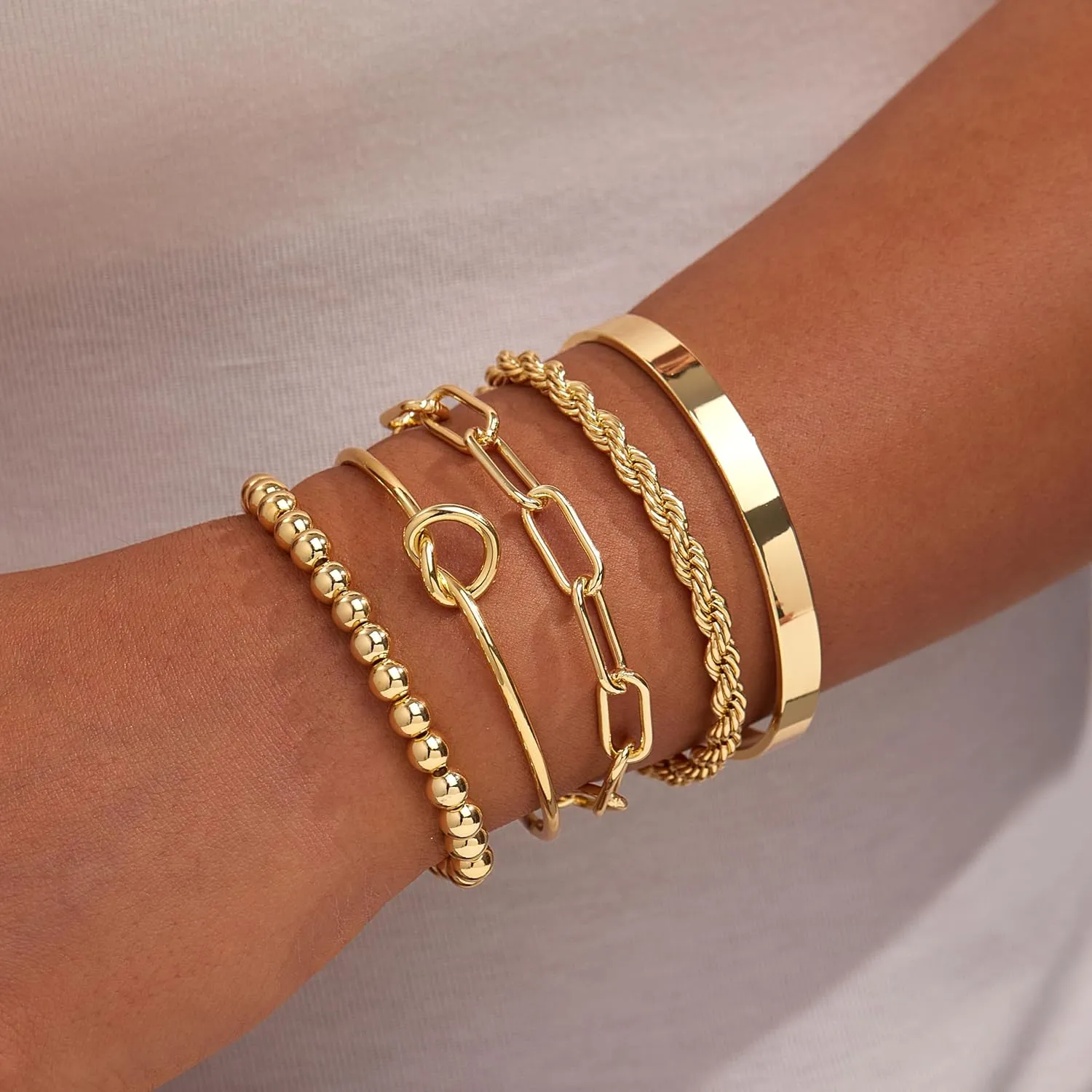 Gold Bracelets for Women Non Tarnish, 14K Gold Plated Chunky Cuff Bracelet Gold Bangles Bracelet for Women Trendy Tie Knot Cuban Rope Paperclip Beaded Bracelet Stack Jewelry Gifts