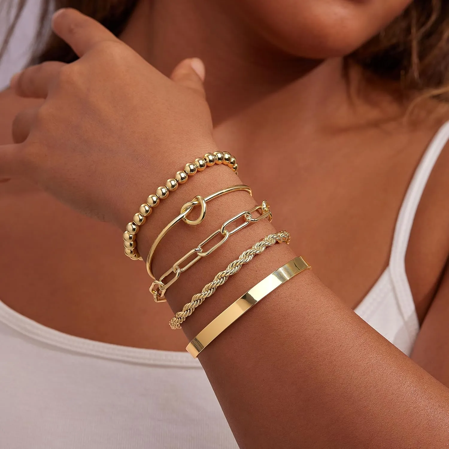 Gold Bracelets for Women Non Tarnish, 14K Gold Plated Chunky Cuff Bracelet Gold Bangles Bracelet for Women Trendy Tie Knot Cuban Rope Paperclip Beaded Bracelet Stack Jewelry Gifts
