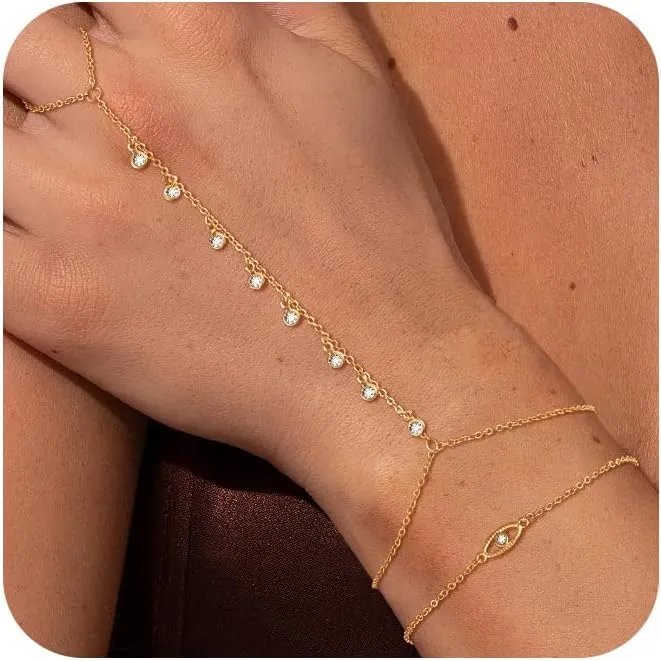 Gold Hand Chain Bracelets for Women Trendy, Dainty 2PCS Gold Ring Bracelet Hand Chain Finger Bracelets Layered Stackable Link Bracelets for Women Jewelry Gifts for Women