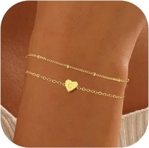 Gold Initial Bracelets for Women Teen Girls, 18K Gold Plated Letter A-Z Initial Bracelet Heart Bracelet Dainty Gold Bracelet for Women Teen Girl Gift Trendy Stuff Jewelry