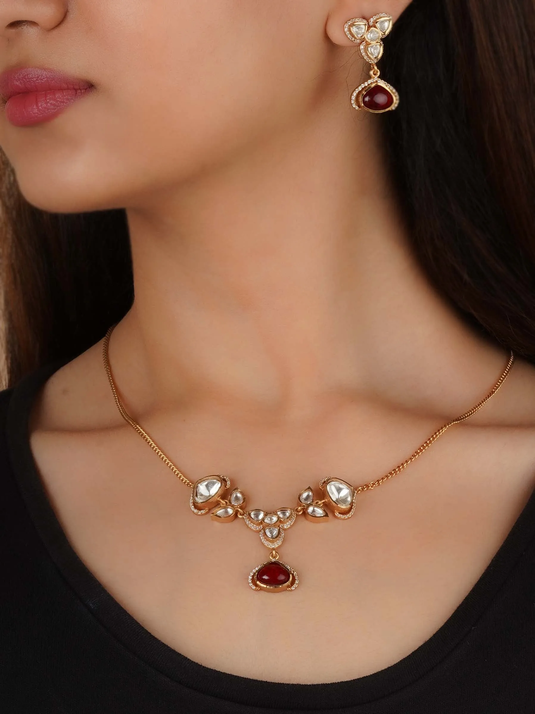 Gold Plated Faux Polki Necklace Set - PK-S267