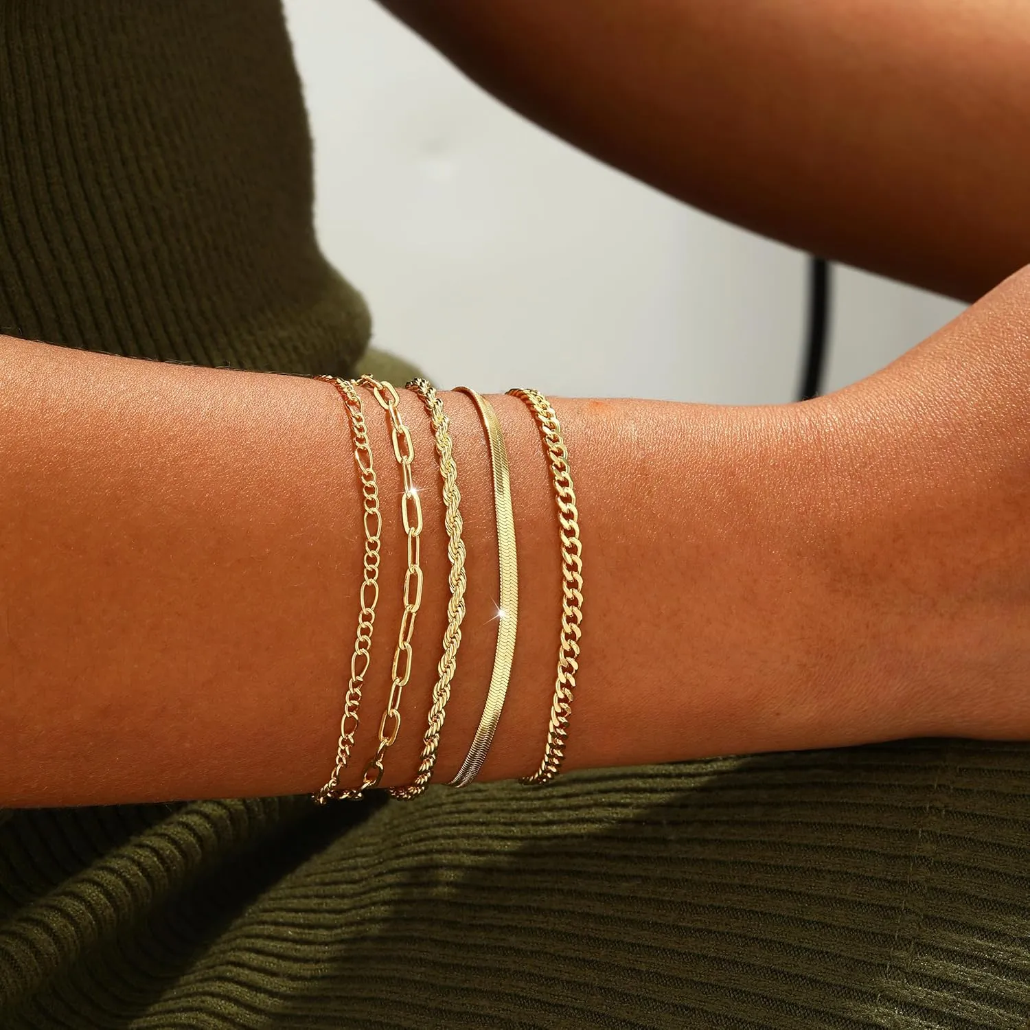 Gold/Silver Bracelets for Women,14K Real Gold Plated Bracelets Stack Trendy Jewelry Sets Stackable Snake Chain Figaro Paperclip Link Chain Adjustable Bracelet Pack Jewelry for Women