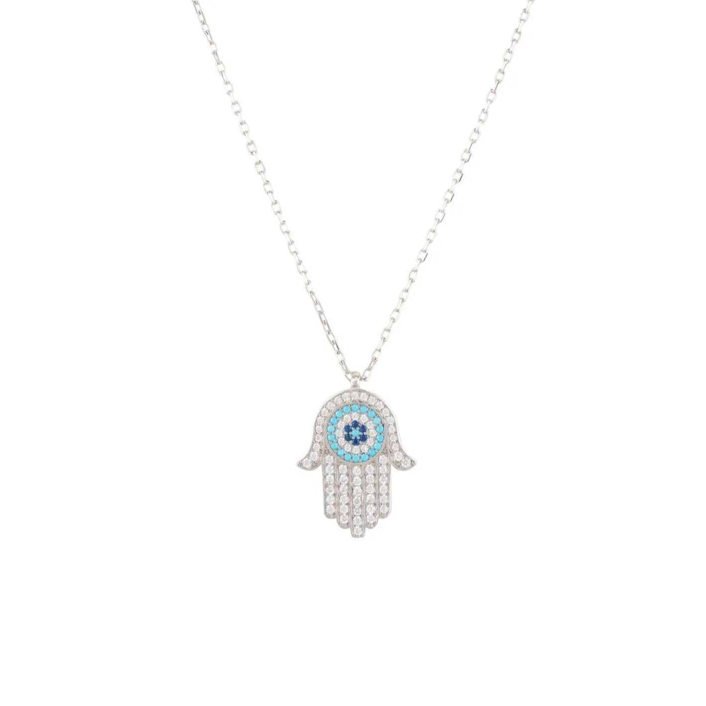 Hamsa Hand Evil Eye Pendant Necklace in Turquoise Silver
