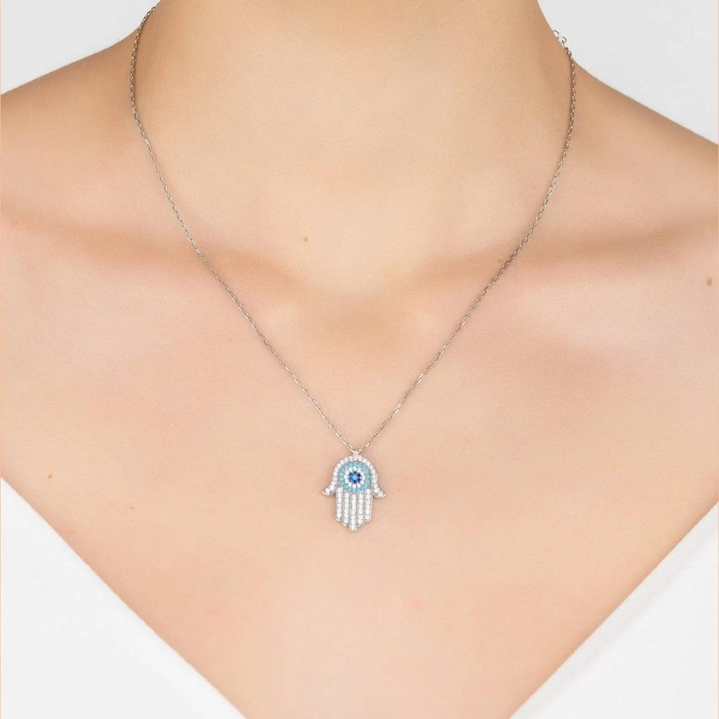Hamsa Hand Evil Eye Pendant Necklace in Turquoise Silver