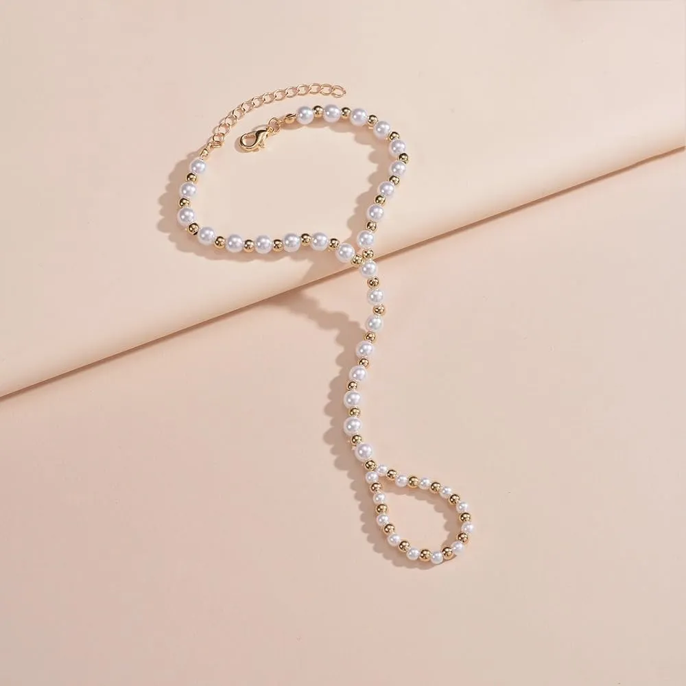 Hand Chain Rings Bracelets for Women Dainty Gold Finger Bracelet Ring Hand Chain Bracelets Butterfly Heart Pearl Hand Jewelry Ring Bracelet for Women Summer Trendy Stuff