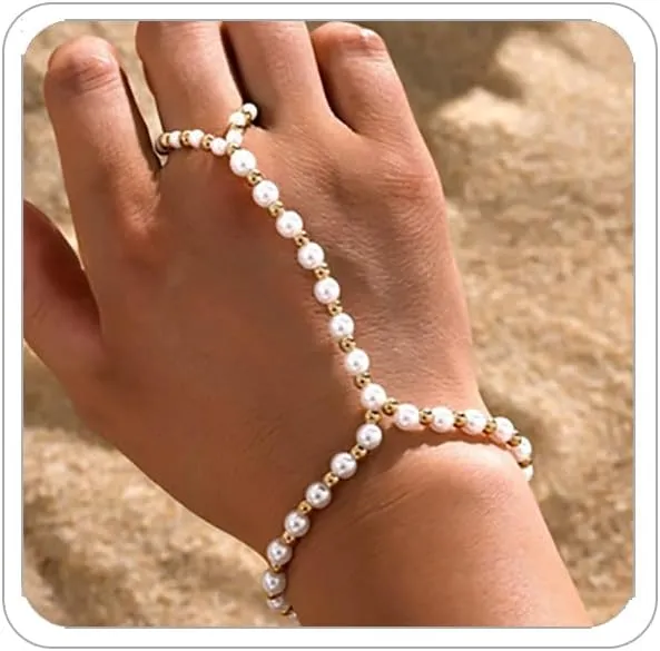 Hand Chain Rings Bracelets for Women Dainty Gold Finger Bracelet Ring Hand Chain Bracelets Butterfly Heart Pearl Hand Jewelry Ring Bracelet for Women Summer Trendy Stuff
