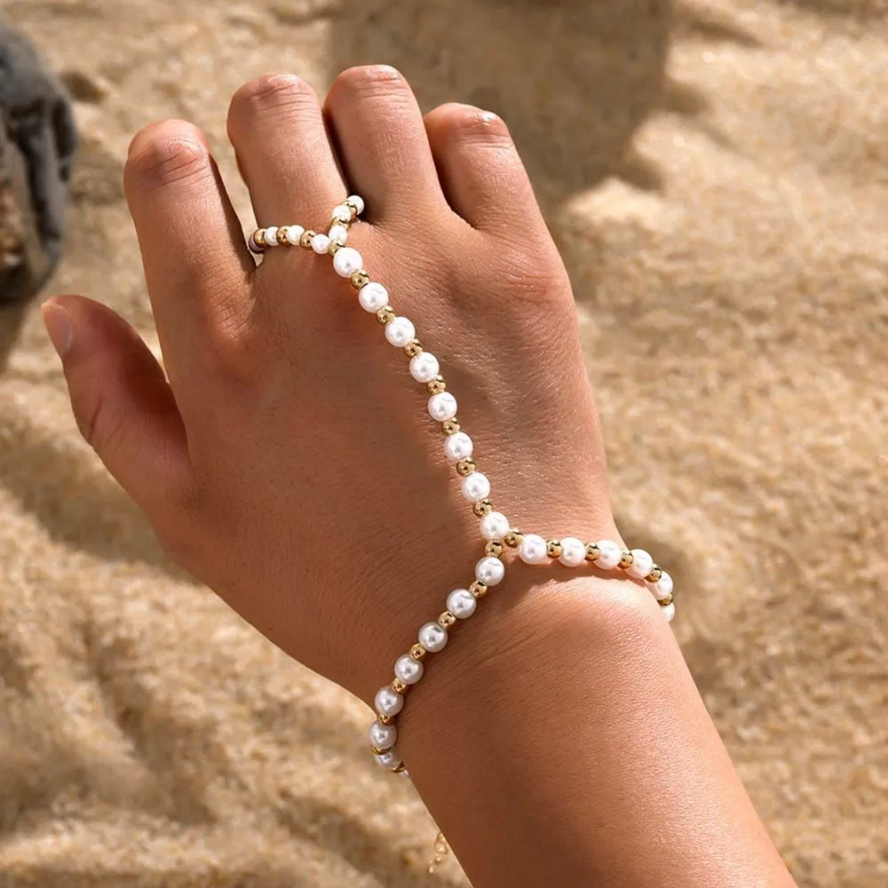 Hand Chain Rings Bracelets for Women Dainty Gold Finger Bracelet Ring Hand Chain Bracelets Butterfly Heart Pearl Hand Jewelry Ring Bracelet for Women Summer Trendy Stuff