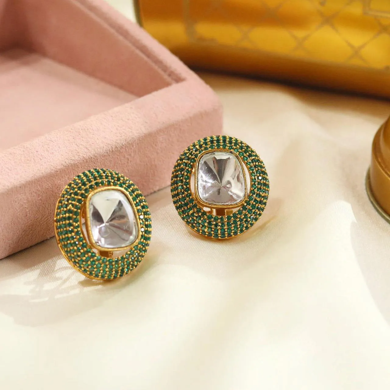 Handcrafted Wedding Earrings with Blue Stone and Intricate Crystal Work