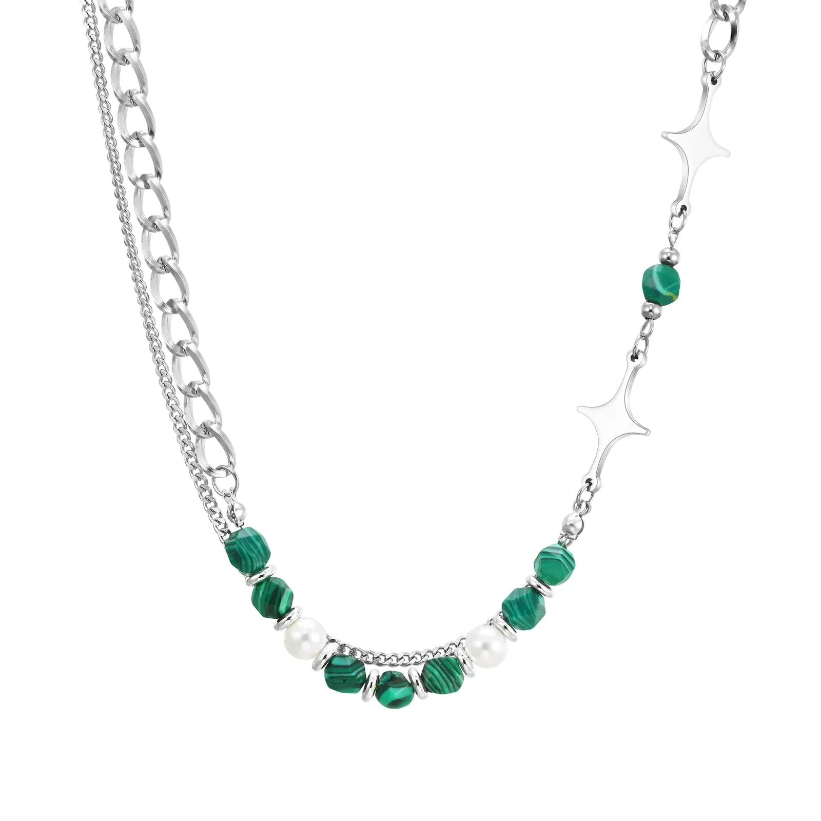Hiphop Cuban Splicing Bead Chain Necklaces for Men Boys,Green Natural Stone Pearl Collar
