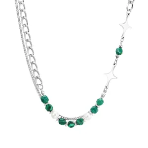 Hiphop Cuban Splicing Bead Chain Necklaces for Men Boys,Green Natural Stone Pearl Collar
