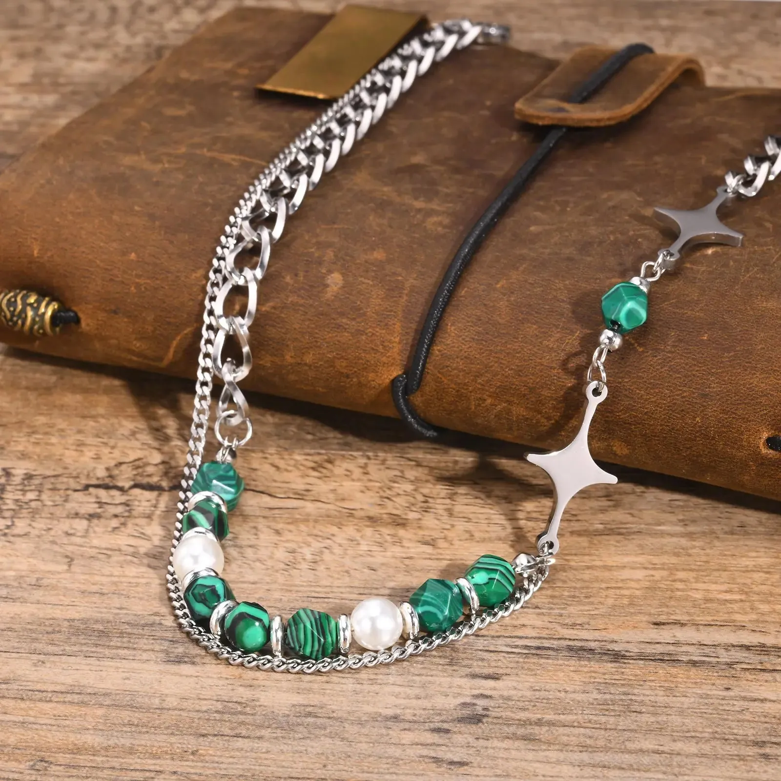 Hiphop Cuban Splicing Bead Chain Necklaces for Men Boys,Green Natural Stone Pearl Collar