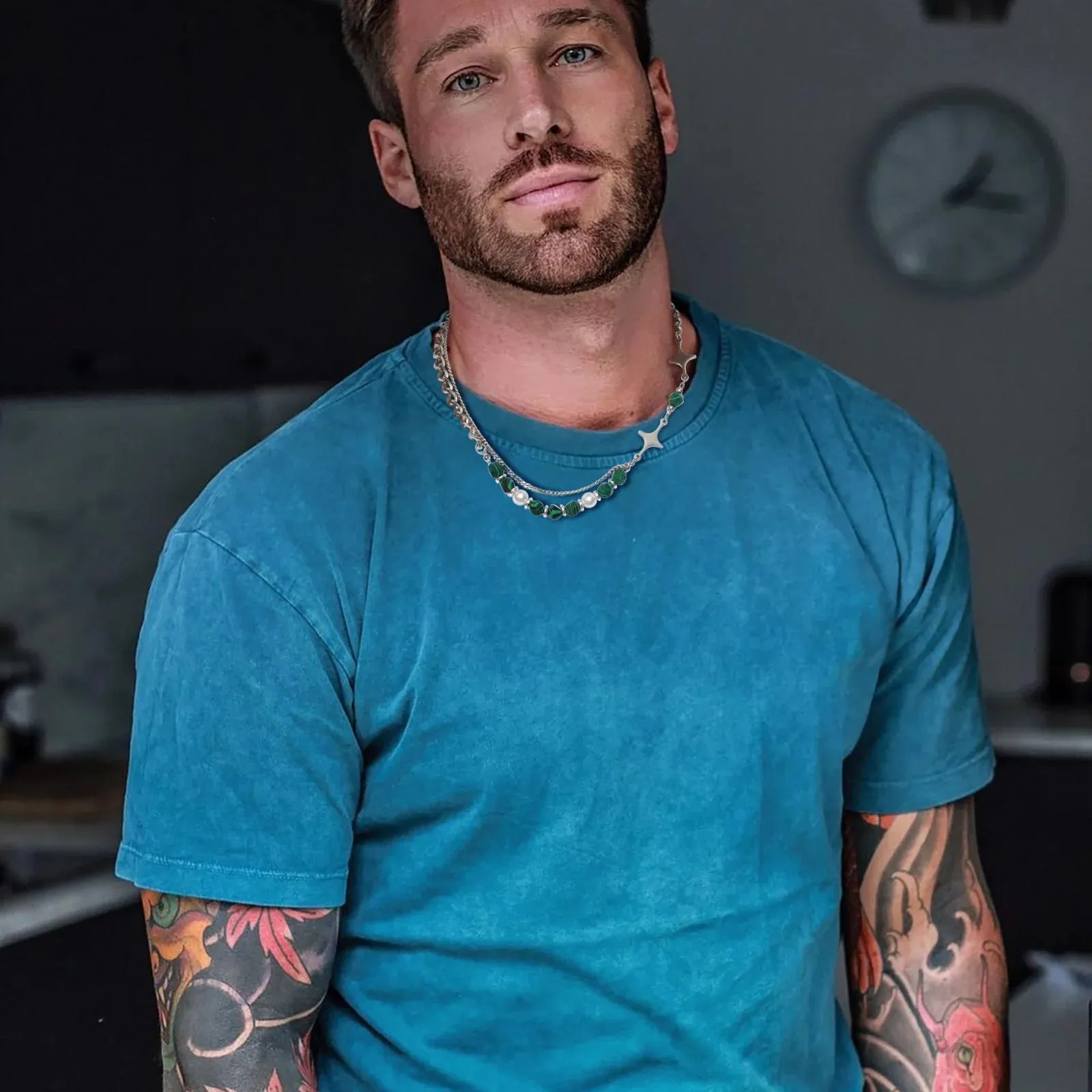 Hiphop Cuban Splicing Bead Chain Necklaces for Men Boys,Green Natural Stone Pearl Collar