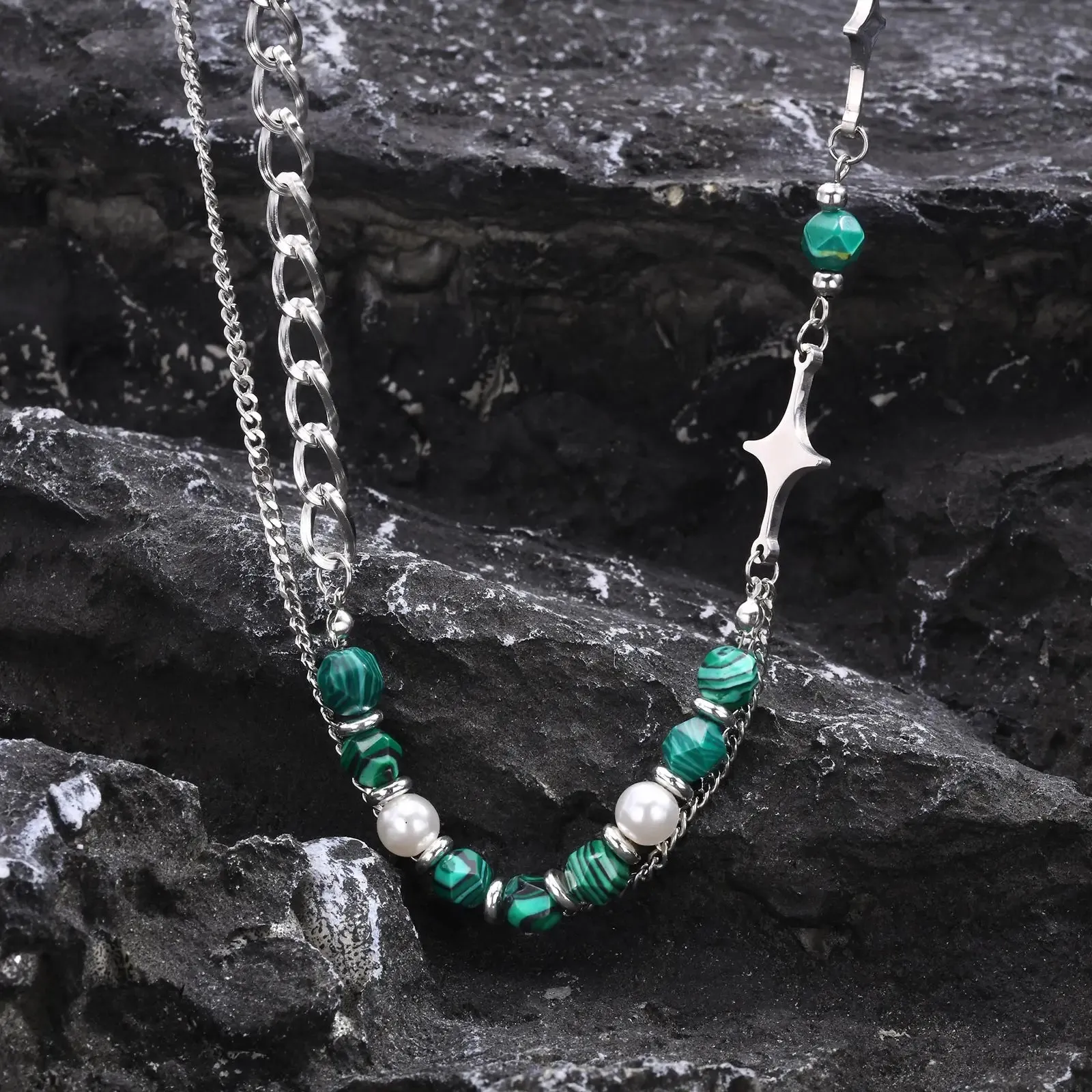 Hiphop Cuban Splicing Bead Chain Necklaces for Men Boys,Green Natural Stone Pearl Collar
