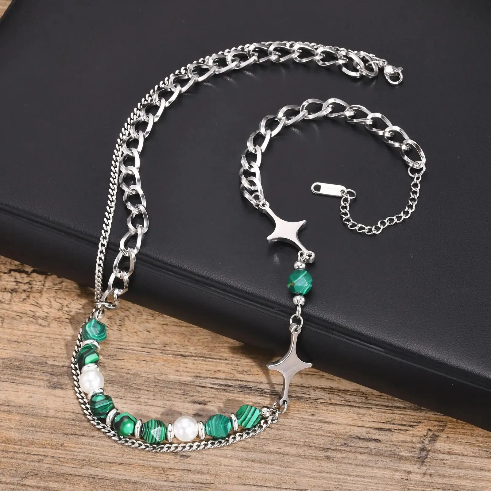 Hiphop Cuban Splicing Bead Chain Necklaces for Men Boys,Green Natural Stone Pearl Collar