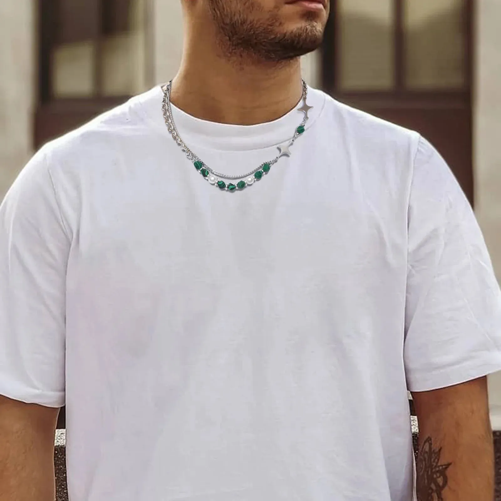 Hiphop Cuban Splicing Bead Chain Necklaces for Men Boys,Green Natural Stone Pearl Collar