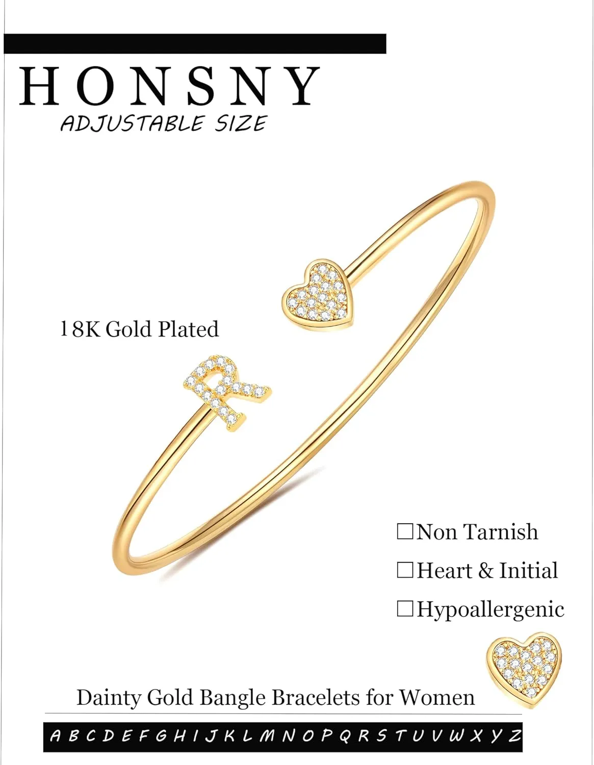 Honsny Gold Initial Bracelets for Women 18K Gold Plated Initial Heart Cuff Bangle Bracelets for Women Non Tarnish Dainty Cute Gold Initial Bracelets for Women Teen Bridesmaid Trendy Gifts Jewelry