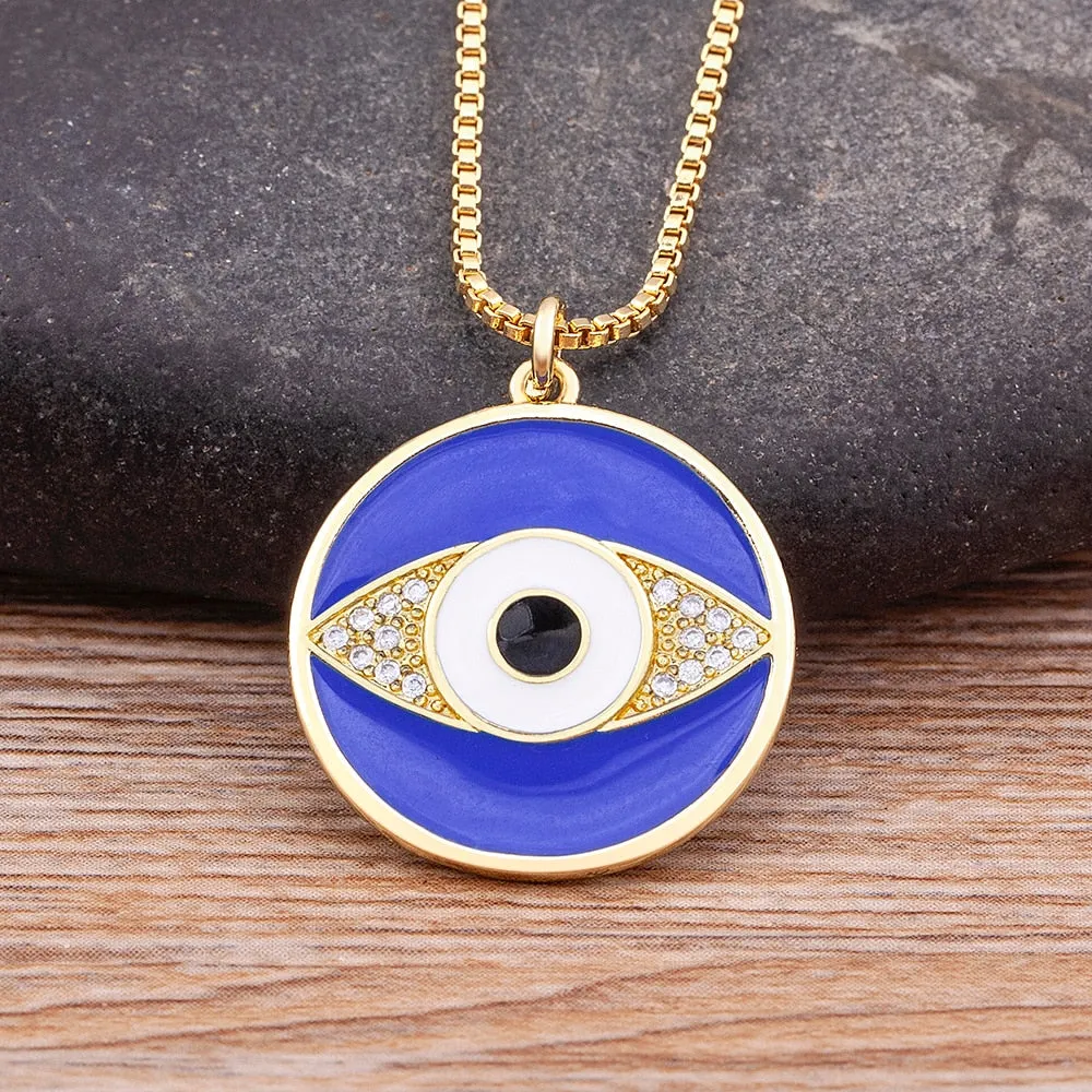 Hot Selling 2 Colors Enamel Drop Oil Round Inlaid Exquisite Boho Evil Eye Zircon Necklace