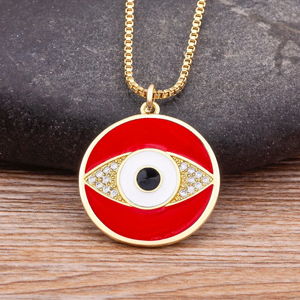 Hot Selling 2 Colors Enamel Drop Oil Round Inlaid Exquisite Boho Evil Eye Zircon Necklace