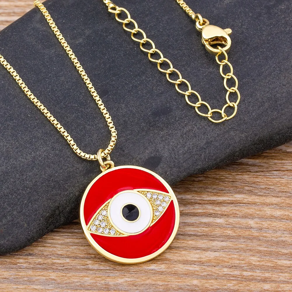 Hot Selling 2 Colors Enamel Drop Oil Round Inlaid Exquisite Boho Evil Eye Zircon Necklace