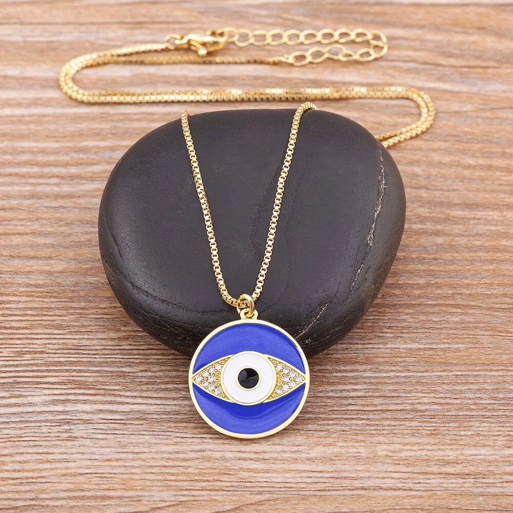 Hot Selling 2 Colors Enamel Drop Oil Round Inlaid Exquisite Boho Evil Eye Zircon Necklace