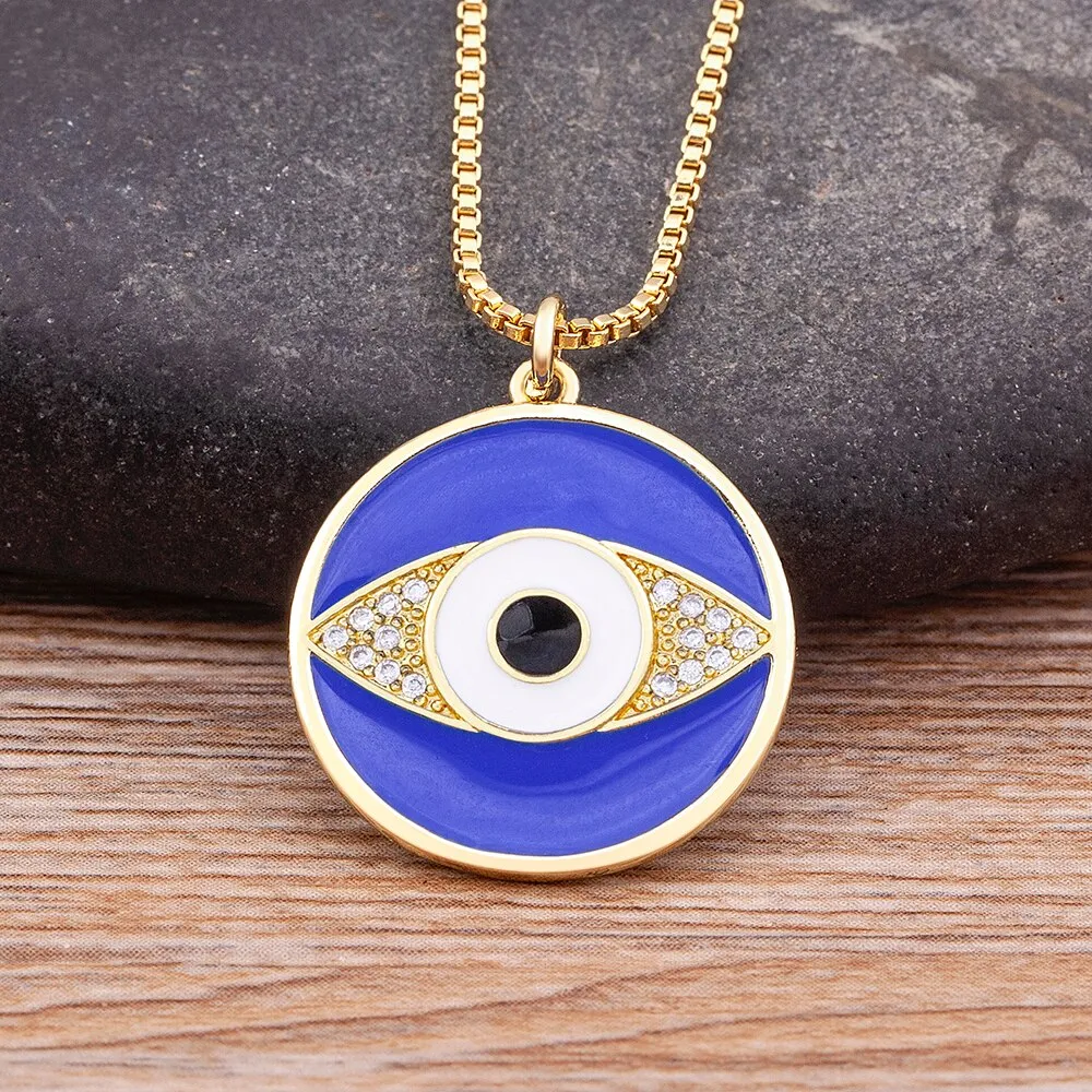 Hot Selling 2 Colors Enamel Drop Oil Round Inlaid Exquisite Boho Evil Eye Zircon Necklace