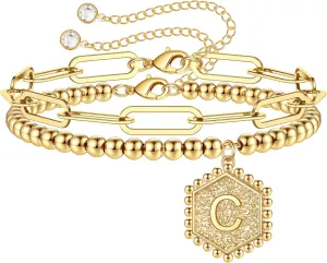IEFWELL Gold Bracelets for Women Girls - 14K Real Gold Silver Rose Gold Initial Bracelets for Women Teen Girls Layered Paperclip Chain Beaded Bracelets Cute Link Bracelets for Teen Girls Jewelry Gifts