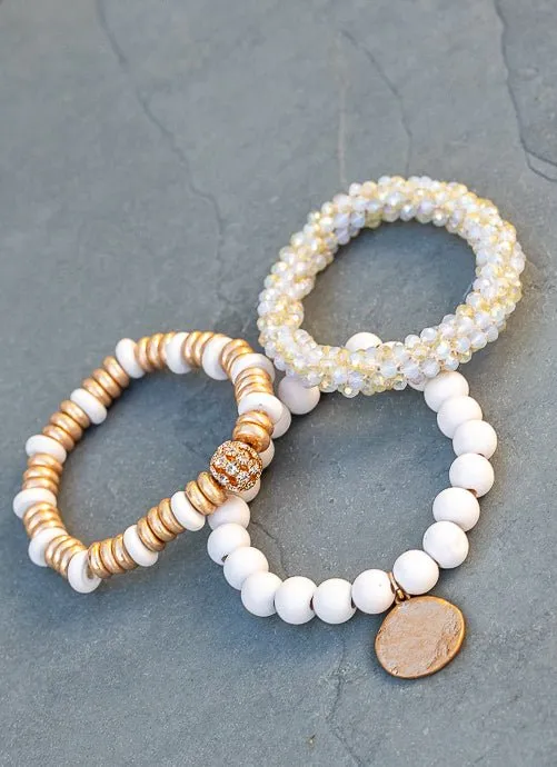 Ivory Gold Three Piece Bracelet Set With Charm