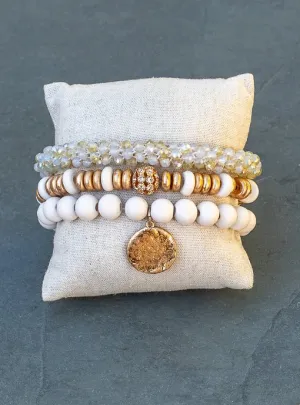 Ivory Gold Three Piece Bracelet Set With Charm